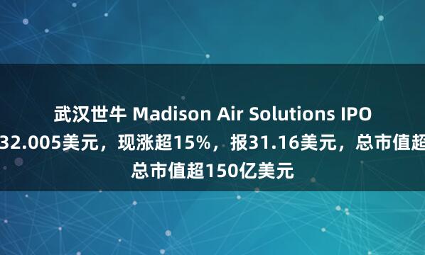 武汉世牛 Madison Air Solutions IPO首日开盘报32.005美元，现涨超15%，报31.16美元，总市值超150亿美元